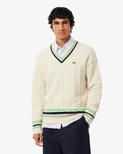 Lacoste Men's V-Neck Cable Knit Wool Sweater