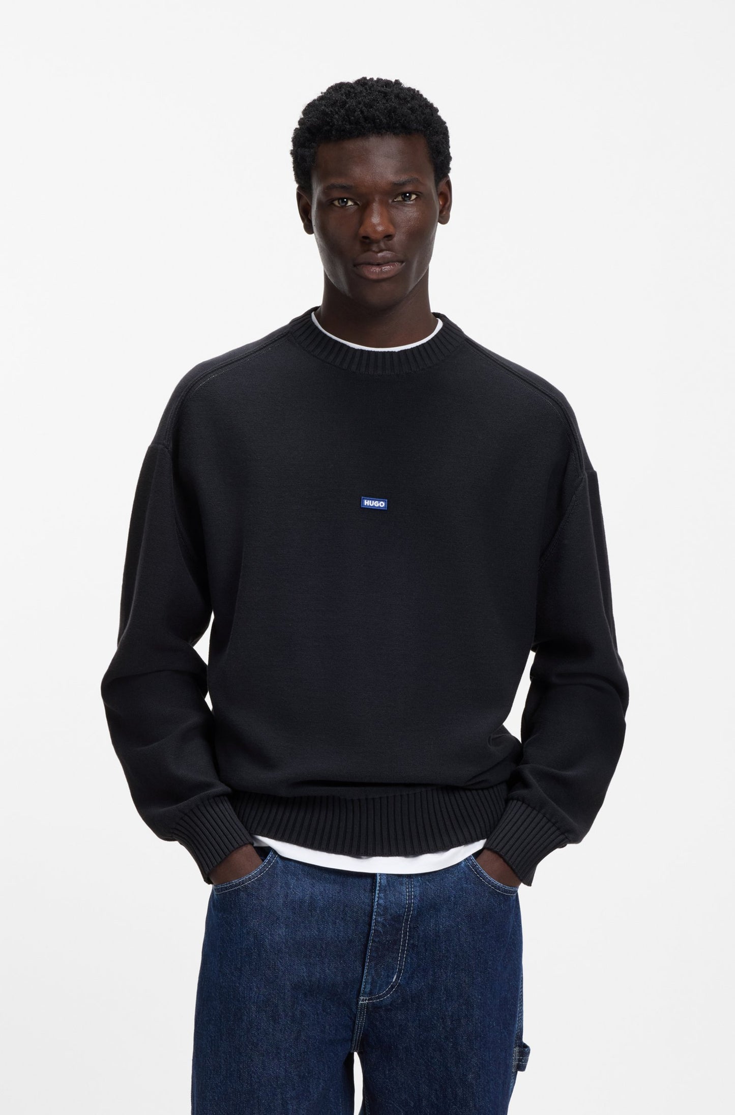 Hugo Knitted-cotton sweater with blue logo badge