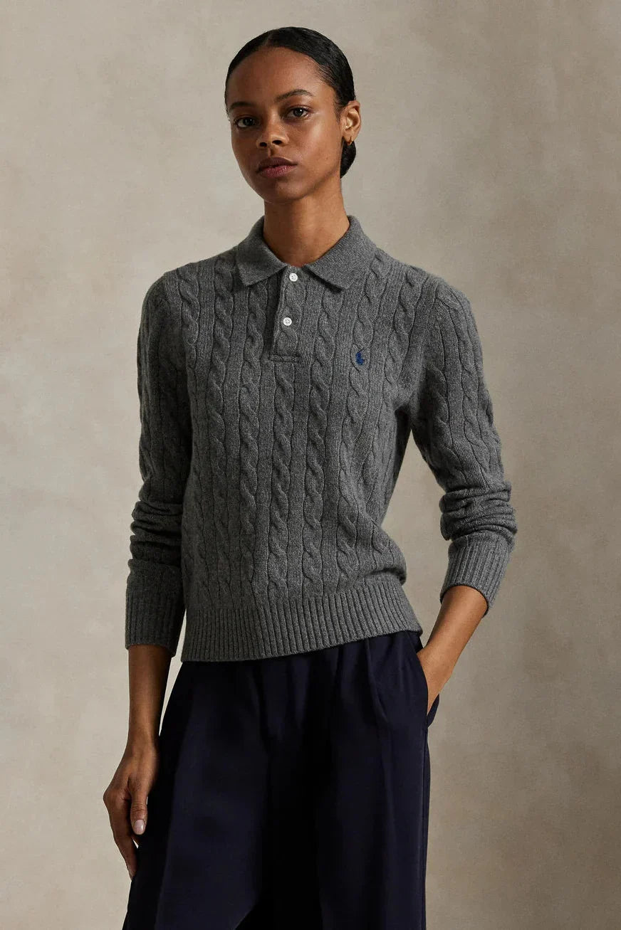 Cable-Knit Wool-Cashmere Polo Sweater