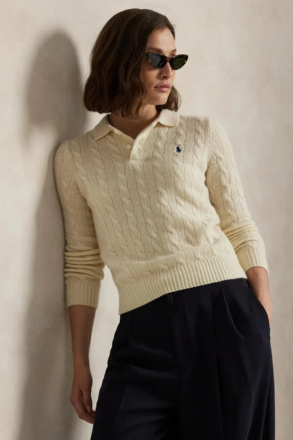 Cable-Knit Wool-Cashmere Polo Sweater