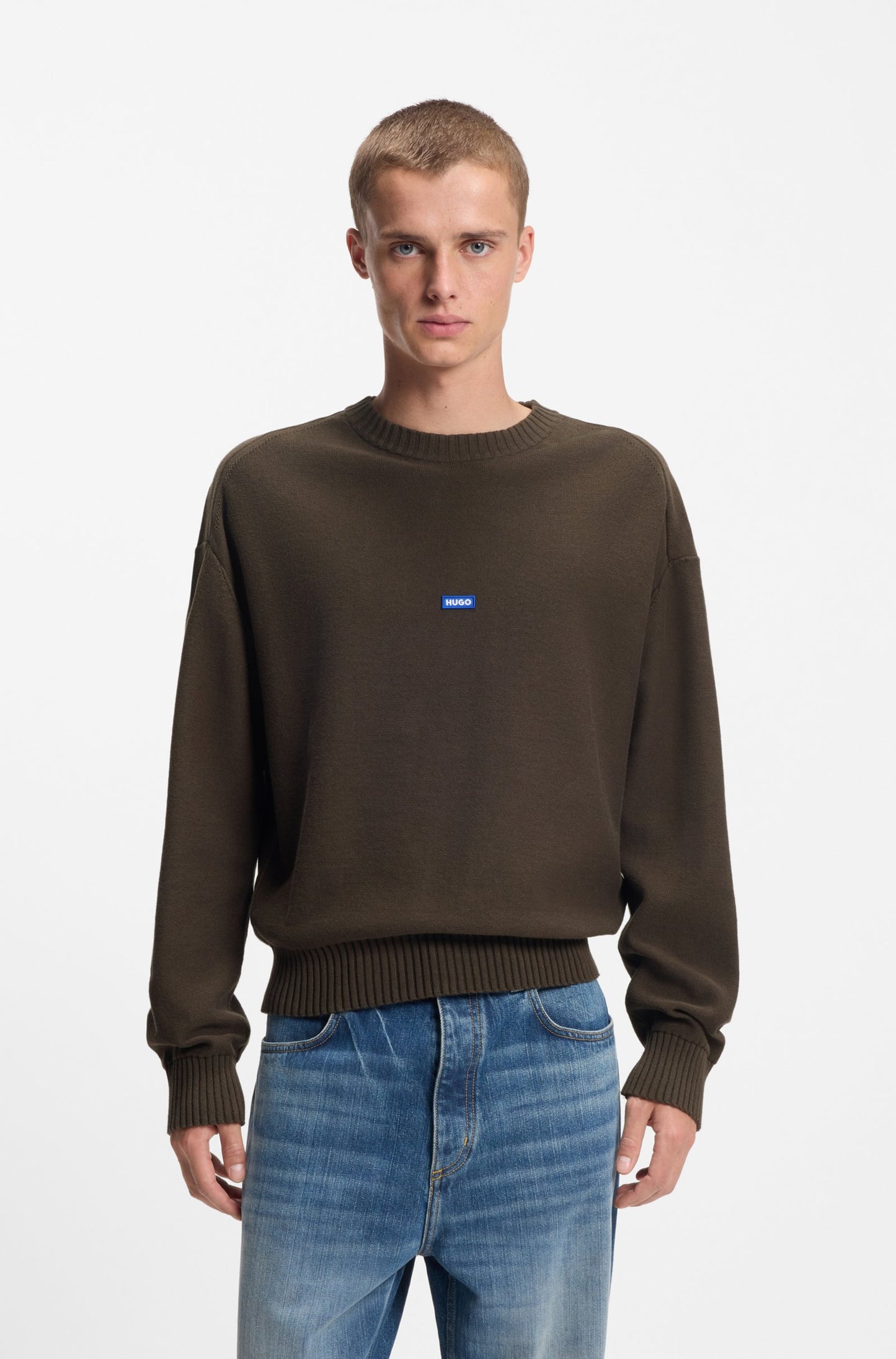 Hugo Knitted-cotton sweater with blue logo badge