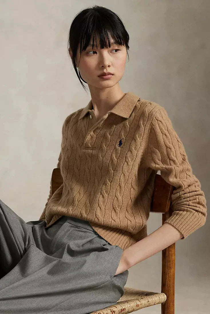 Cable-Knit Wool-Cashmere Polo Sweater