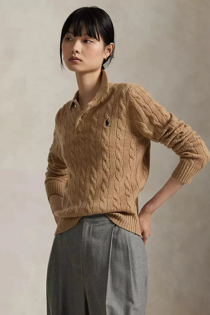 Cable-Knit Wool-Cashmere Polo Sweater