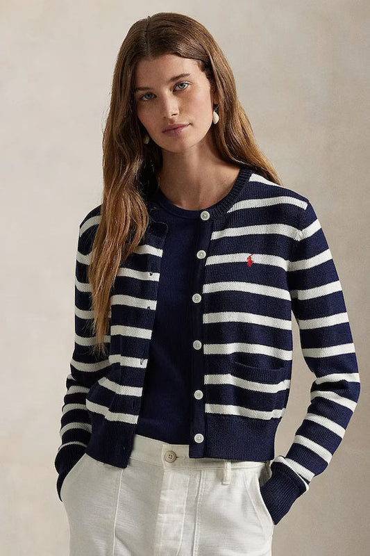 Striped Cable-Knit Cotton Cardigan