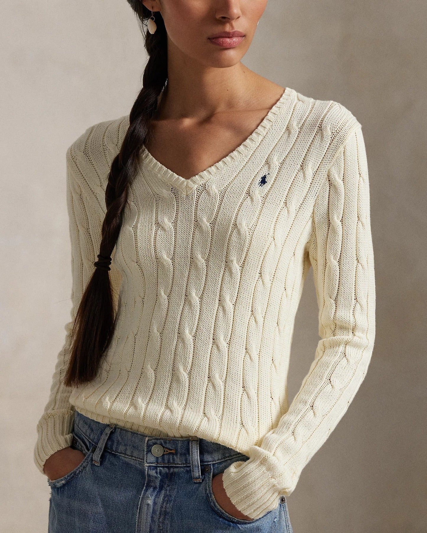 Cable-Knit Cotton V-Neck Jumper