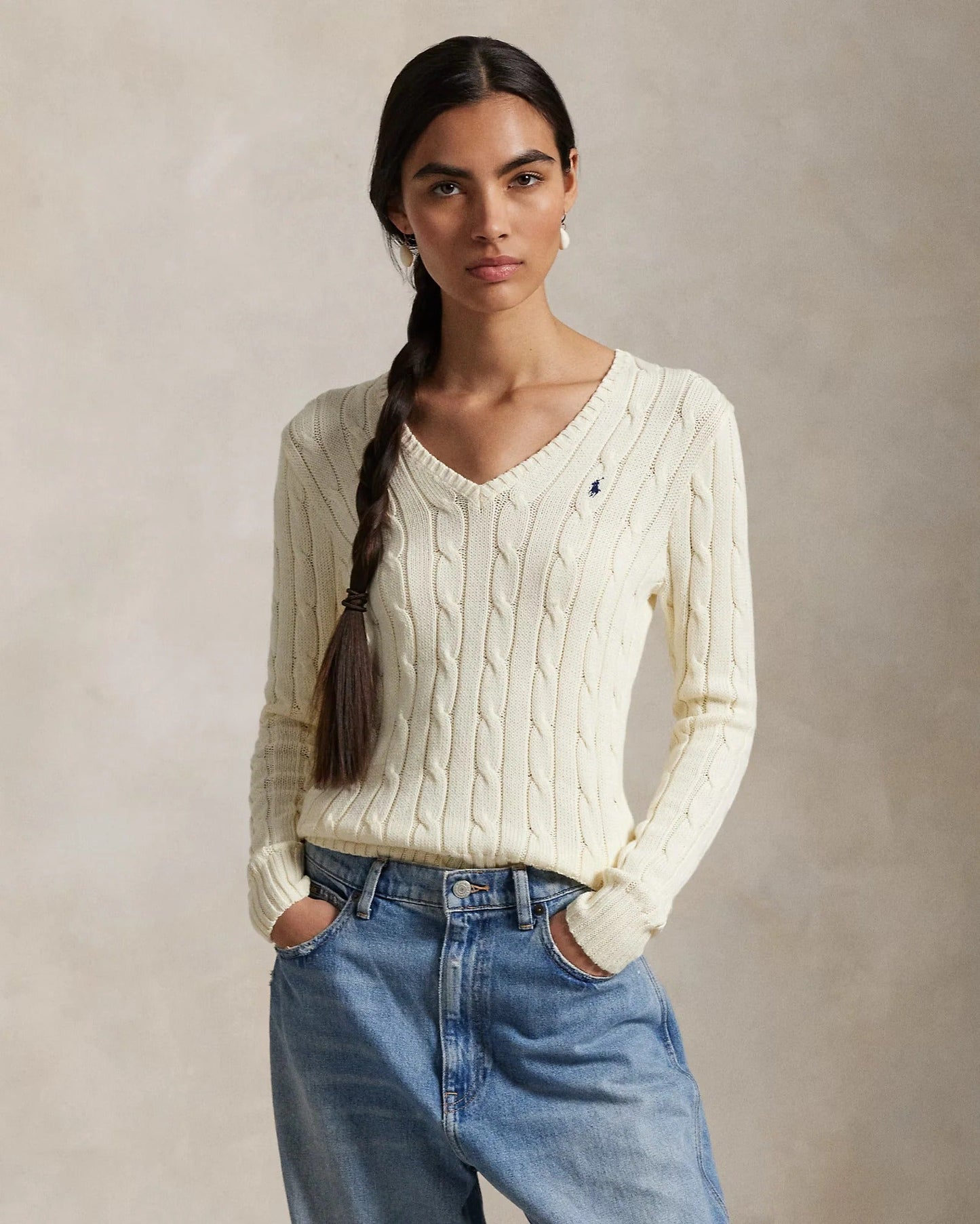 Cable-Knit Cotton V-Neck Jumper